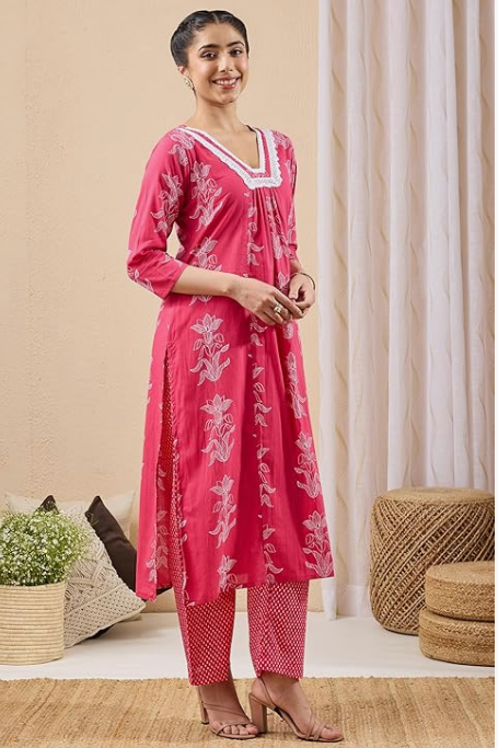Women's Pink Floral Printed Pure Cotton A-Line Kurta Pant Set