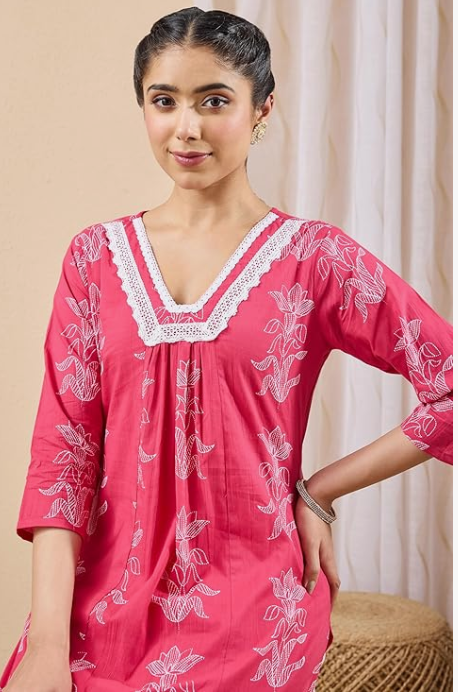 Women's Pink Floral Printed Pure Cotton A-Line Kurta Pant Set