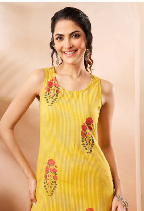 Women's Elegant Yellow Floral Printed Straight Cotton Kurta Pant Set