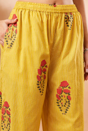 Women's Elegant Yellow Floral Printed Straight Cotton Kurta Pant Set