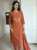 Women's Rust Embroidered Linen Cotton Straight Kurta Set