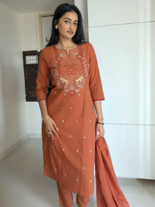 Women's Rust Embroidered Linen Cotton Straight Kurta Set
