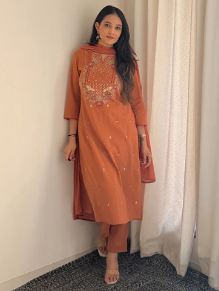 Women's Rust Embroidered Linen Cotton Straight Kurta Set