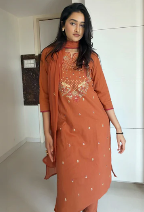 Women's Rust Embroidered Linen Cotton Straight Kurta Set