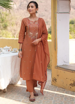 Women's Rust Embroidered Linen Cotton Straight Kurta Set