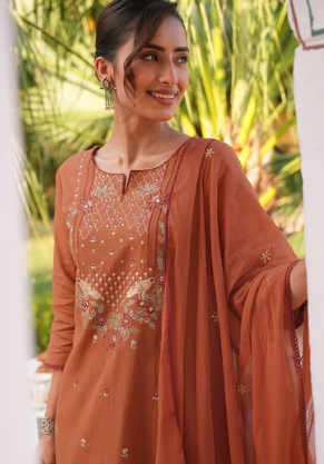 Women's Rust Embroidered Linen Cotton Straight Kurta Set