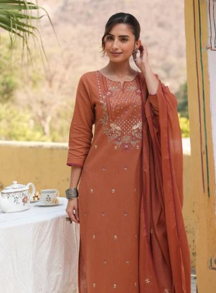 Women's Rust Embroidered Linen Cotton Straight Kurta Set