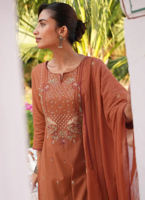 Women's Rust Embroidered Linen Cotton Straight Kurta Set