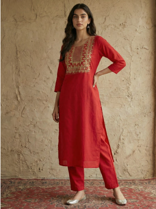 Women's Red Yoke Embroidered Pure Cotton Straight Kurta Pant Set