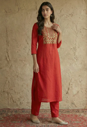 Women's Red Yoke Embroidered Pure Cotton Straight Kurta Pant Set