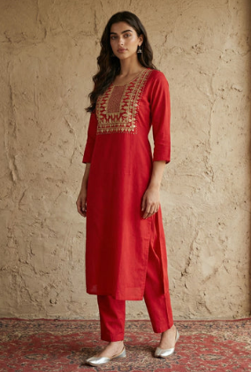 Women's Red Yoke Embroidered Pure Cotton Straight Kurta Pant Set