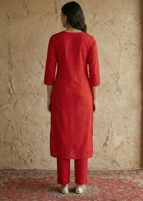 Women's Red Yoke Embroidered Pure Cotton Straight Kurta Pant Set