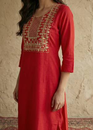 Women's Red Yoke Embroidered Pure Cotton Straight Kurta Pant Set