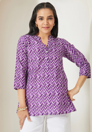 Janasya Women's Purple Chevron Printed Pure Cotton A-Line Top