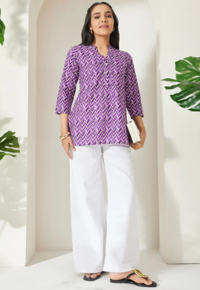Janasya Women's Purple Chevron Printed Pure Cotton A-Line Top