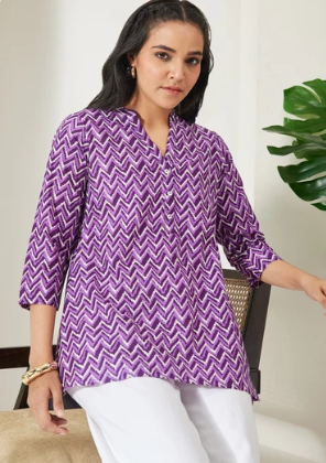 Janasya Women's Purple Chevron Printed Pure Cotton A-Line Top