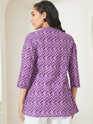Janasya Women's Purple Chevron Printed Pure Cotton A-Line Top