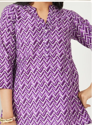 Janasya Women's Purple Chevron Printed Pure Cotton A-Line Top