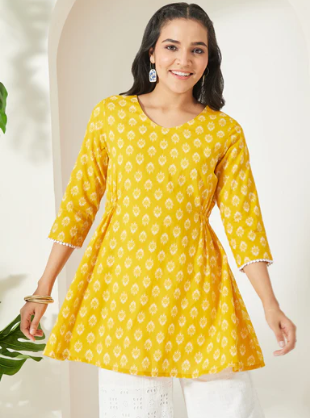 Women's Yellow Ethnic Motifs Printed Pure Cotton A-Line Tunic
