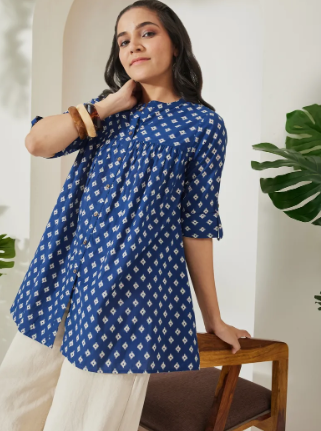 Women's Navy Blue Ikkat Printed Pure Cotton A-Line Top