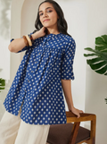 Women's Navy Blue Ikkat Printed Pure Cotton A-Line Top