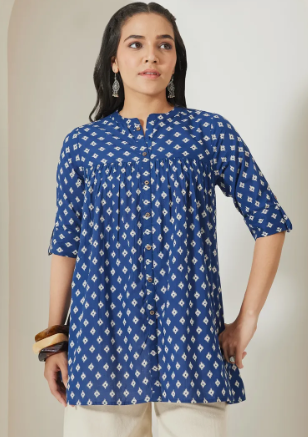 Women's Navy Blue Ikkat Printed Pure Cotton A-Line Top