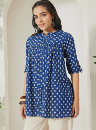 Women's Navy Blue Ikkat Printed Pure Cotton A-Line Top