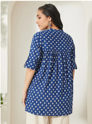 Women's Navy Blue Ikkat Printed Pure Cotton A-Line Top