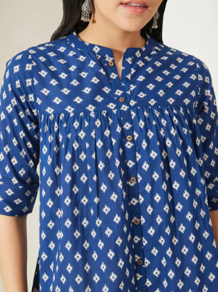 Women's Navy Blue Ikkat Printed Pure Cotton A-Line Top