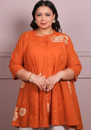 Women's Plus Size Orange Floral Printed Pure Cotton A-Line Tunic