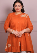 Women's Plus Size Orange Floral Printed Pure Cotton A-Line Tunic