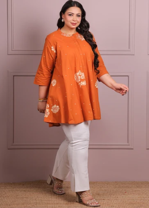 Women's Plus Size Orange Floral Printed Pure Cotton A-Line Tunic