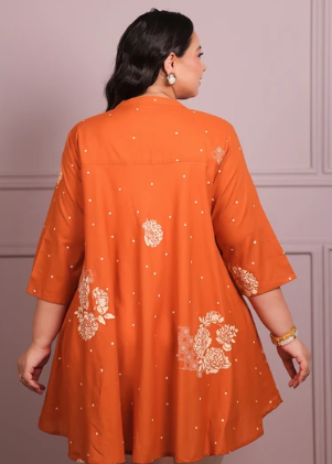 Women's Plus Size Orange Floral Printed Pure Cotton A-Line Tunic