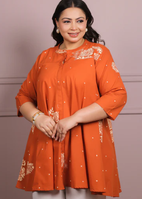 Women's Plus Size Orange Floral Printed Pure Cotton A-Line Tunic