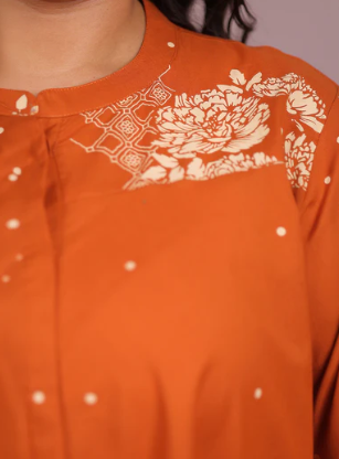 Women's Plus Size Orange Floral Printed Pure Cotton A-Line Tunic