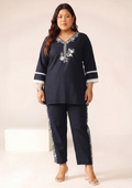 Women's Plus Size Navy Blue Embroidered Cotton Top & Pant Co-Ord Set