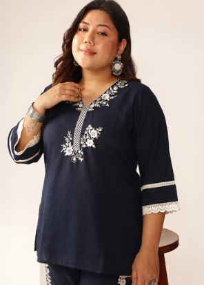 Women's Plus Size Navy Blue Embroidered Cotton Top & Pant Co-Ord Set