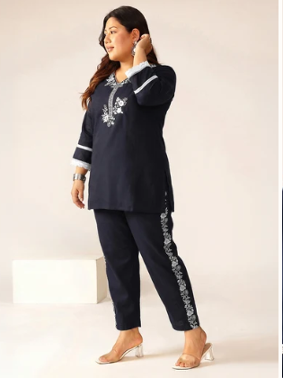 Women's Plus Size Navy Blue Embroidered Cotton Top & Pant Co-Ord Set