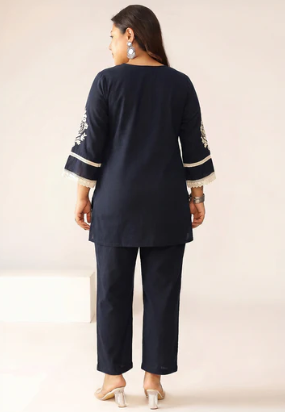 Women's Plus Size Navy Blue Embroidered Cotton Top & Pant Co-Ord Set