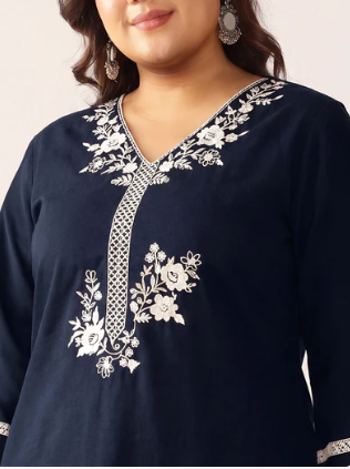 Women's Plus Size Navy Blue Embroidered Cotton Top & Pant Co-Ord Set