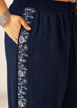 Women's Plus Size Navy Blue Embroidered Cotton Top & Pant Co-Ord Set