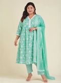 Janasya Women's Plus Size Sea Green Floral Printed Pure Cotton Straight Kurta Pant Set with Dupatta