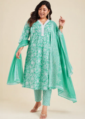 Janasya Women's Plus Size Sea Green Floral Printed Pure Cotton Straight Kurta Pant Set with Dupatta