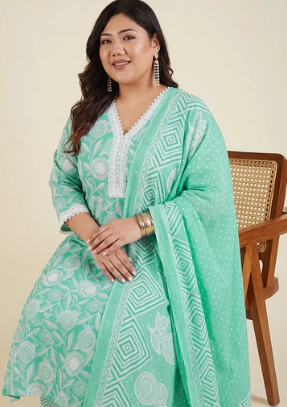 Janasya Women's Plus Size Sea Green Floral Printed Pure Cotton Straight Kurta Pant Set with Dupatta