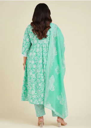 Janasya Women's Plus Size Sea Green Floral Printed Pure Cotton Straight Kurta Pant Set with Dupatta