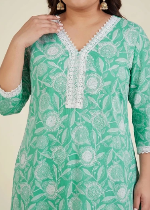 Janasya Women's Plus Size Sea Green Floral Printed Pure Cotton Straight Kurta Pant Set with Dupatta