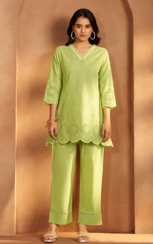 Women’s Green Pure Cotton Schiffli Co-Ord Set