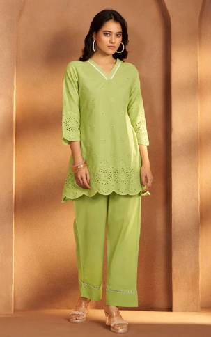 Women’s Green Pure Cotton Schiffli Co-Ord Set