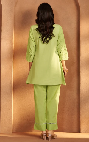 Women’s Green Pure Cotton Schiffli Co-Ord Set