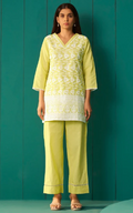 Women’s Yellow Pure Cotton Schiffli Embroidered Co-Ord Set